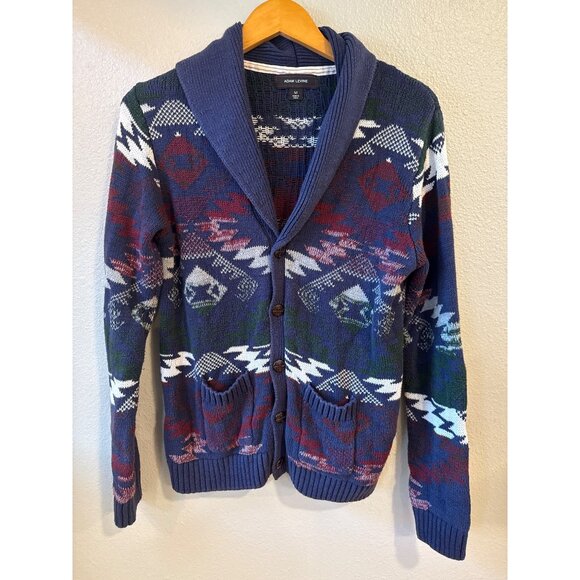 Adam Levine Mens' Medium Shawl Collar Cardigan Blue Multicolor Aztec Print - Picture 1 of 7